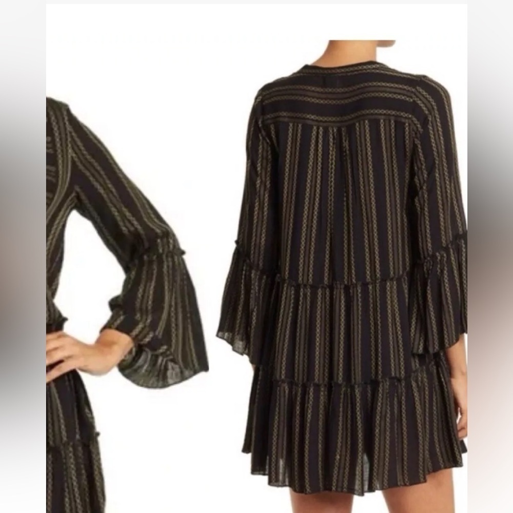 Elan Tiered, Bell Sleeve Babydoll Swing Black and Tan Dress. Pockets, Split Neck - Picture 2 of 15